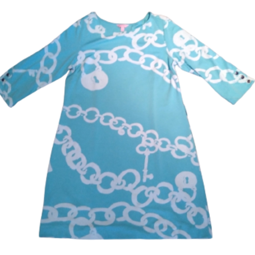 Lilly Pulitzer Turquoise & White Chain-Print Shift Dress